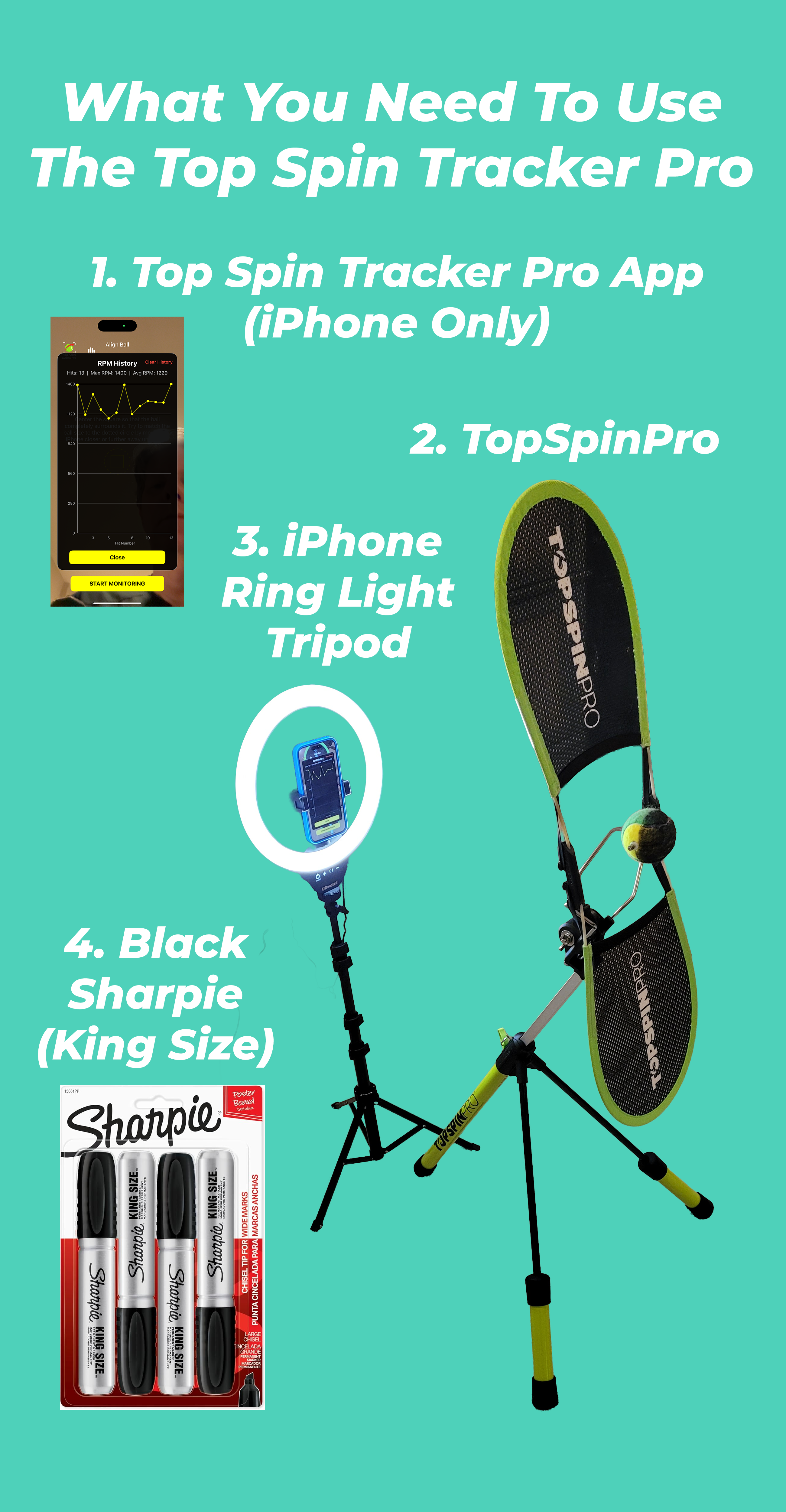 What you need to use Top Spin Tracker Pro: the iPhone app, a TopSpinPro trainer, an iPhone ring-light tripod, and king size black Sharpies.
